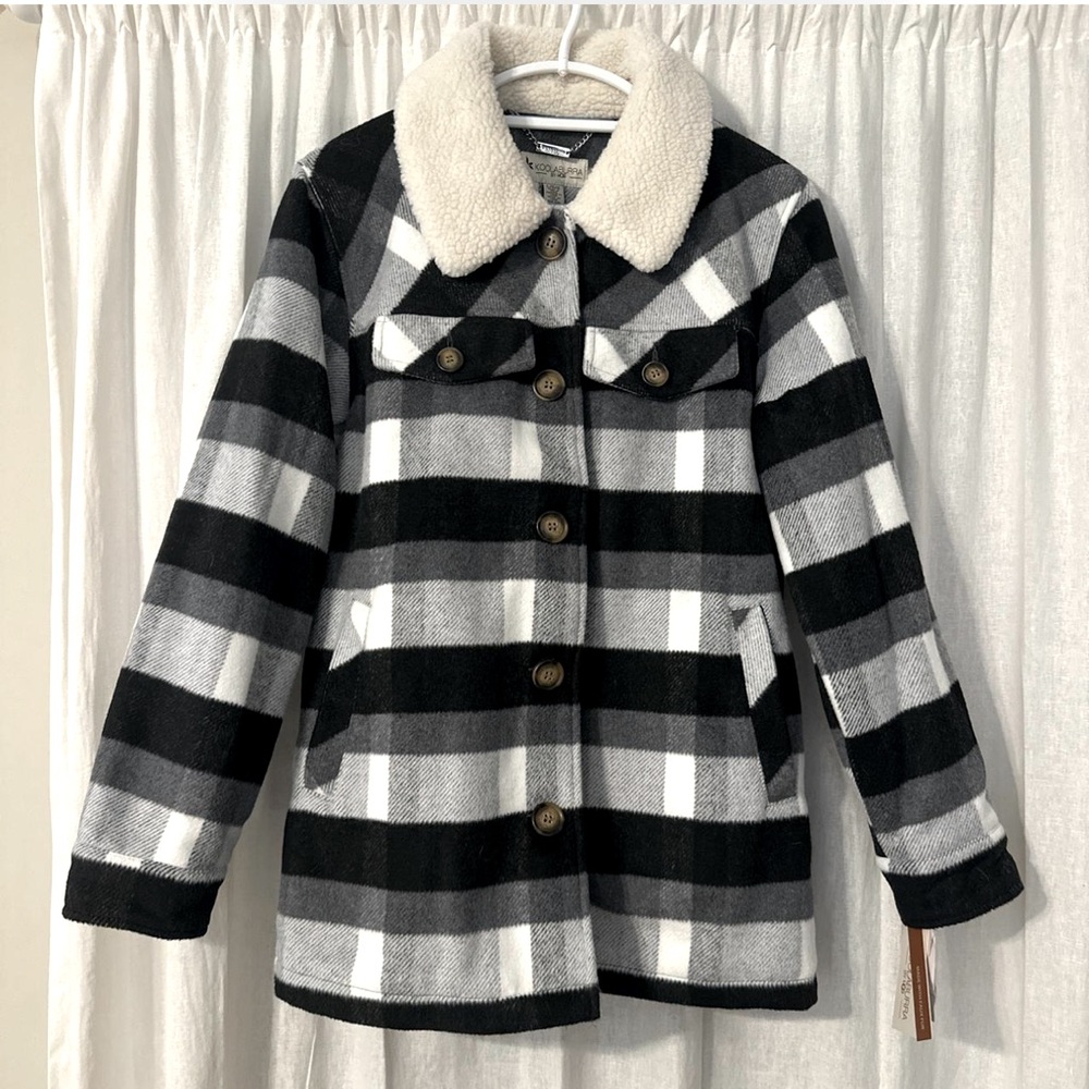UGG Black and White Plaid Coat with Shearling Collar